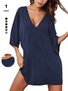 Cozy Loungewear Mini Dress, Sexy Deep V Backless Design, Batwing Sleeves, Perfect for Spring & Fall Nights, Enhances Leg Elegance