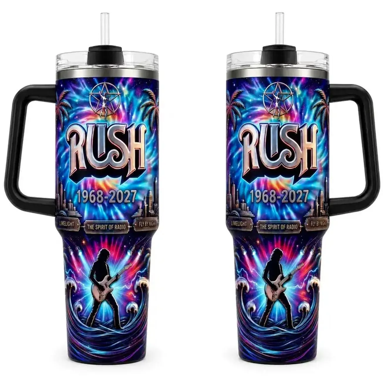 [Gift Box & Straw] Neon Rock Music Style Tumbler 30oz 40oz With Handle, Blue Purple Guitar Stage Concert Light Graphic Stainless Steel Insulated Travel Mug, Music Fan Drinkware Gift For Rock Lovers