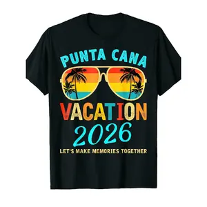 Retro Punta Cana Vacation Tee - Black Women's T Shirt - Short Sleeve Slim Fit Casual Graphic Tee Featuring Colorful Vintage Graphic with Sunglasses and Sunset Gradient |   Eye-catching 'PUNTA CANA' and 'VACATION 2026' Design  Summer Streetwear