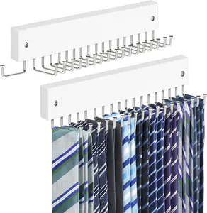 Tie Rack Belt Hanger Wall Mounted,  Non Slip 180  Rotating Tie Organizer for Men Closet with 18 Hooks Closet Organizers and Storage for Tie Belt Necklace Purse Scarf Bag White 2 Pack