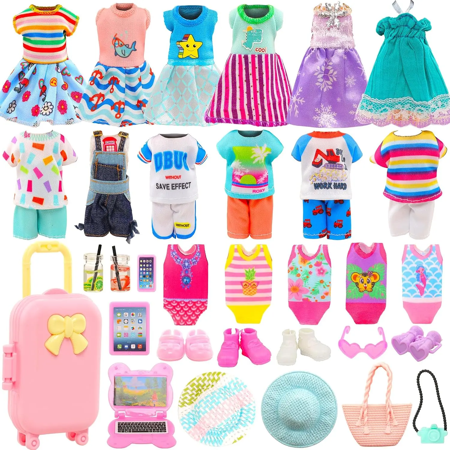 25 Pcs 5.3 Inch Doll Clothes & Accessories Travel Set with Suitcase, Dresses, Tops, Pants, Swimsuits & Shoes