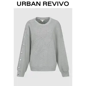 URBAN REVIVO Women's Long Sleeve Minimalist Comfortable Round Neck Pullover Tops - Loose Fit, Basic Plain, Everyday Casual Sweatshirt (UYY450317) - Pair with Jeans