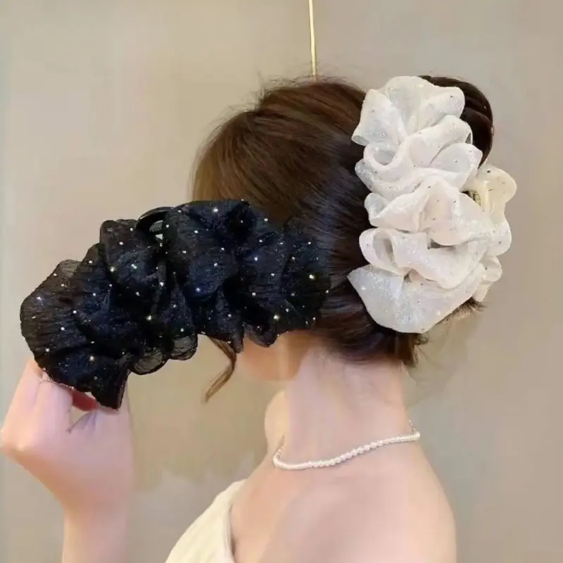 Rhinestone Bow Cloud Bubble Chiffon Hair Clip for Women & Girls, Large Satin Bow Elegant Hair Barrette, Shiny Styling Hair Accessory Ideal for Daily Wear, Parties, Weddings & All Occasions
