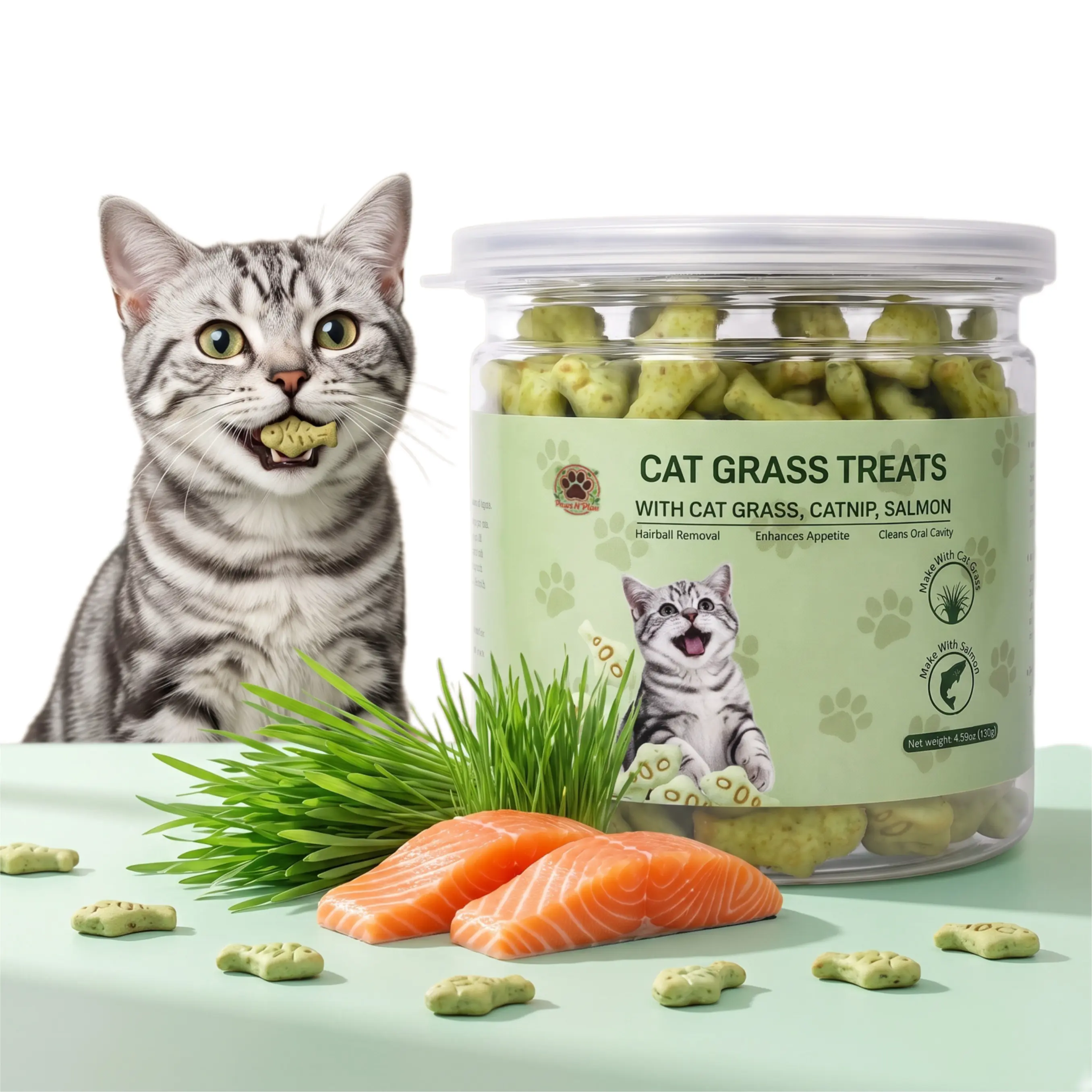 Freeze-Dried Cat Grass Treats Natural Salmon Healthy Cat Grass Treats for Control Hairball Control cat Training Biscuits Snacks for Teeth Cleaning Kitten Snacks