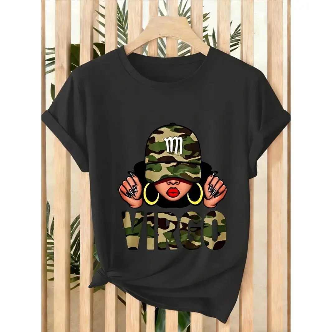 Virgo Camo Graphic Tee Women Oversized Loose Fit Short Sleeve Crewneck Streetwear Y2K Casual Cute Zodiac Birthday Gift Summer Outfit Top