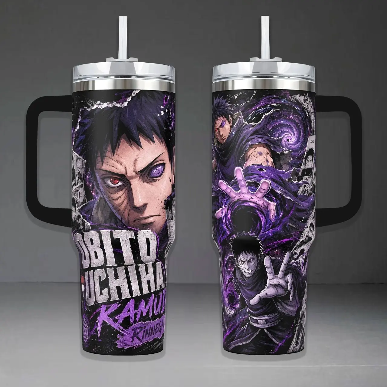 Obito Uchiha Kamui Tumbler, NRT Anime 40oz Cup with Handle & 20oz Travel Mug. Anime Fan Gift, Uchiha Obito Inspired Insulated Tumbler Featuring Rinnegan & Sharingan Power Graphic Design.