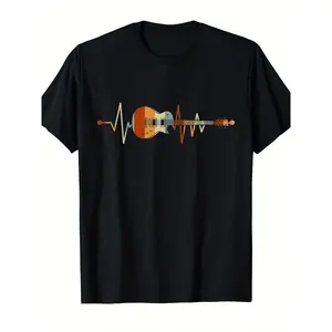 Retro Electric Guitar Heart Beat Graphic Tee 100% Cotton Breathable Unisex Men Women Rock Music Lover Casual Short Sleeve T-Shirt