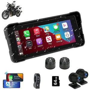Motorcycle CarPlay & Android Auto 6.86 inch Motorcycle DVR Wireless Carplay Screen for Moto with Dual 2K Cameras, Tire Pressures Sensor, Remote Controller, Support GPS Navigation, Voice Control, Bluetooth, for Motorbike, Free TF-64G