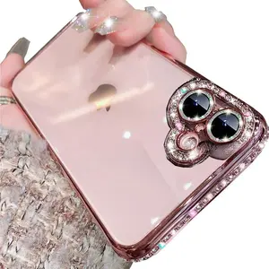 Clear Glitter Case for iPhone 16, Cute Luxury Bling Sparkly Diamond Rhinestones with Camera Protector Soft TPU Plating Bumper Slim Transparent Women Girls Case for iPhone 16 6.1 Inch (Pink)