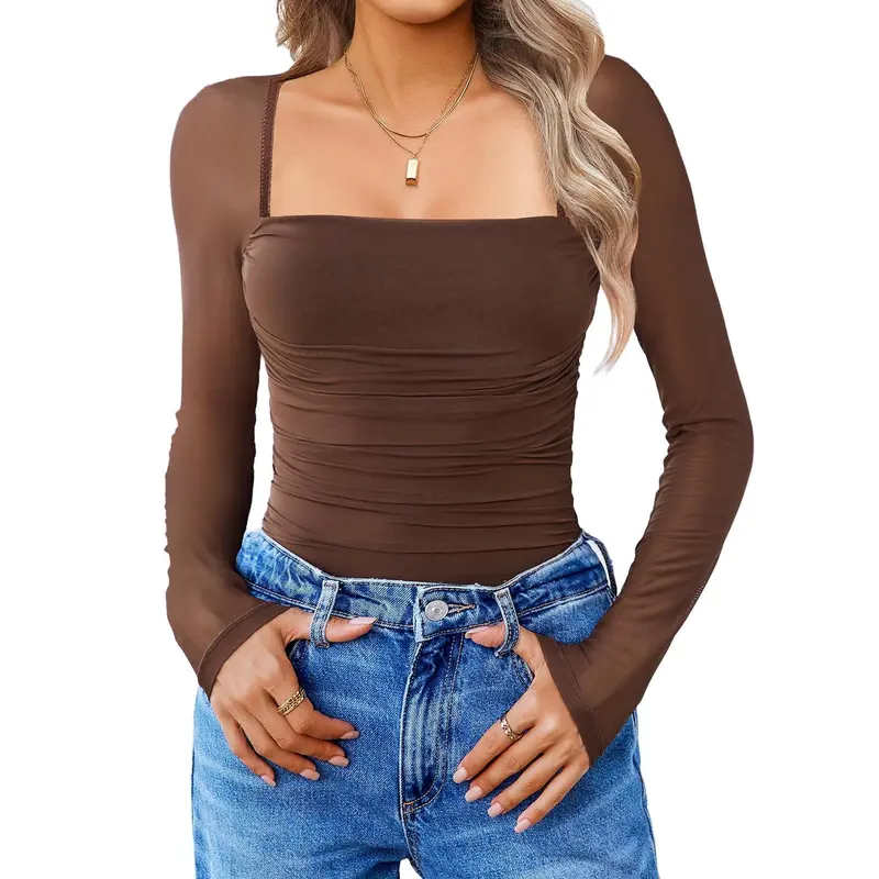 Women's Square Neck Soft Mesh Long Sleeve Ruched Bodysuit - Stretchy Spandex, Slim-Fitting Sheer Top, Casual Chic, Going Out, Dating Night Out Top, Country Concert, Beach Option, Cargo Pants Matching Buttoned Basic Lightweight