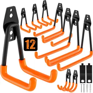 QcoQce 12 Pack Garage Hooks Heavy Duty with 2 Extension Cord Straps,Garge Storage Hooks, Wall Mount Hooks, Garage Organization and Tool Hangers for Bike, Ladder, Ropes and Garden Tools
