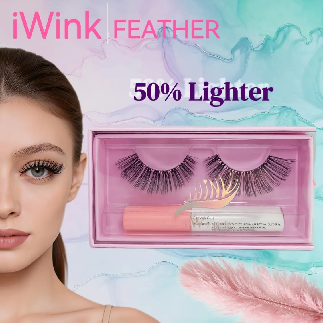 iWink Cosmetic D-Curl 20mm Feather False Eyelashes, Ultra-Soft Fluffy Full Strip Lashes with Free 5mL Lightweight Glue for Daily & Party Makeup