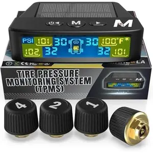 Tire   System - Set of 4 TPMS Sensors for Trailer, RV, Camper,  (0-98PSI) | 50ft Extended Range Air  Kit | Solar Charge & 6  Modes | Be Safe &  Flats