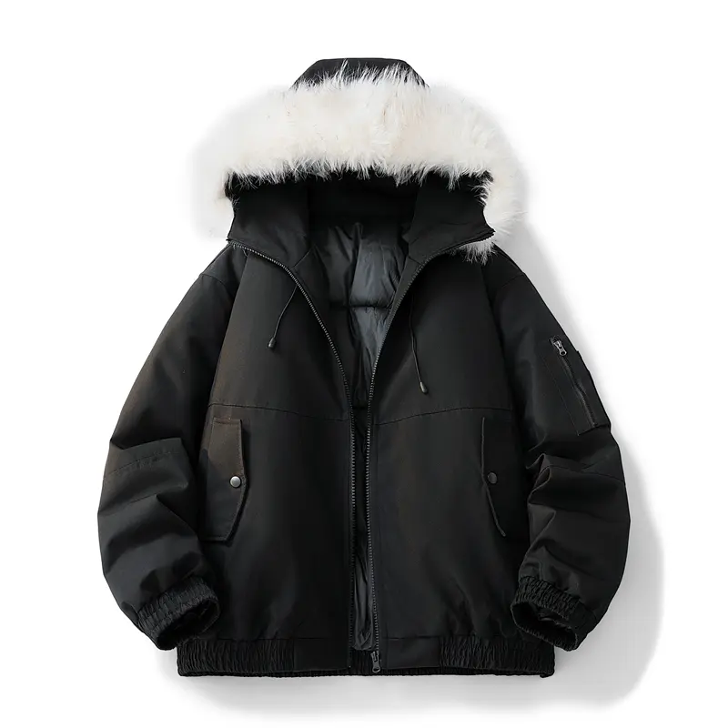 Men's Black Puffer Jacket with Faux Fur Hood, Oversized Warm Winter Outdoor Outerwear, WardrobeEssential, ModernStyle, ComfortFit, Lightweight, ComfortWear, NewCollection, 2026 Trendy