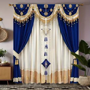 Luxurious Blue Gold Curtain Set, Home Decoration Curtain, Window Curtain, 100% Semi-Transparent Polyester Fabric, Knitted Warp, Ideal for Bedroom, Office, Living Room Decor