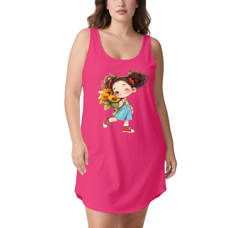 Women's Ladies Comfortable Aesthetic Sunflower Cartoon Print Loungewear Sleep Dress - Casual Everyday Nightwear