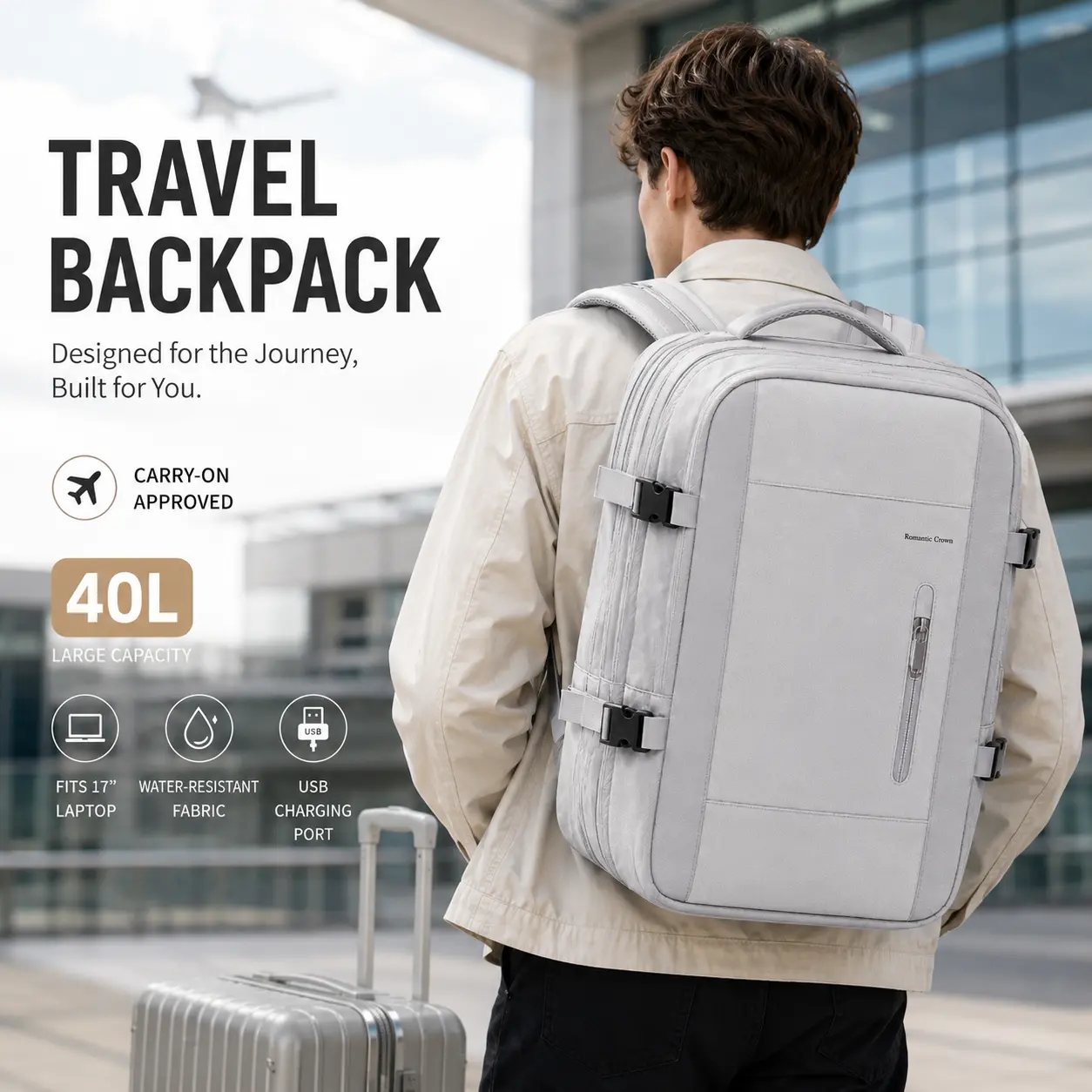 Expandable Travel Backpack, Carry On Backpack, 15.6 Inch Laptop Compatible, External USB Charging Port, Airplane Approved, 22L, Water Resistant, Side Zip Expandable, Trolley Sleeve, for Men, Grey, Business Work Travel, backtoschool