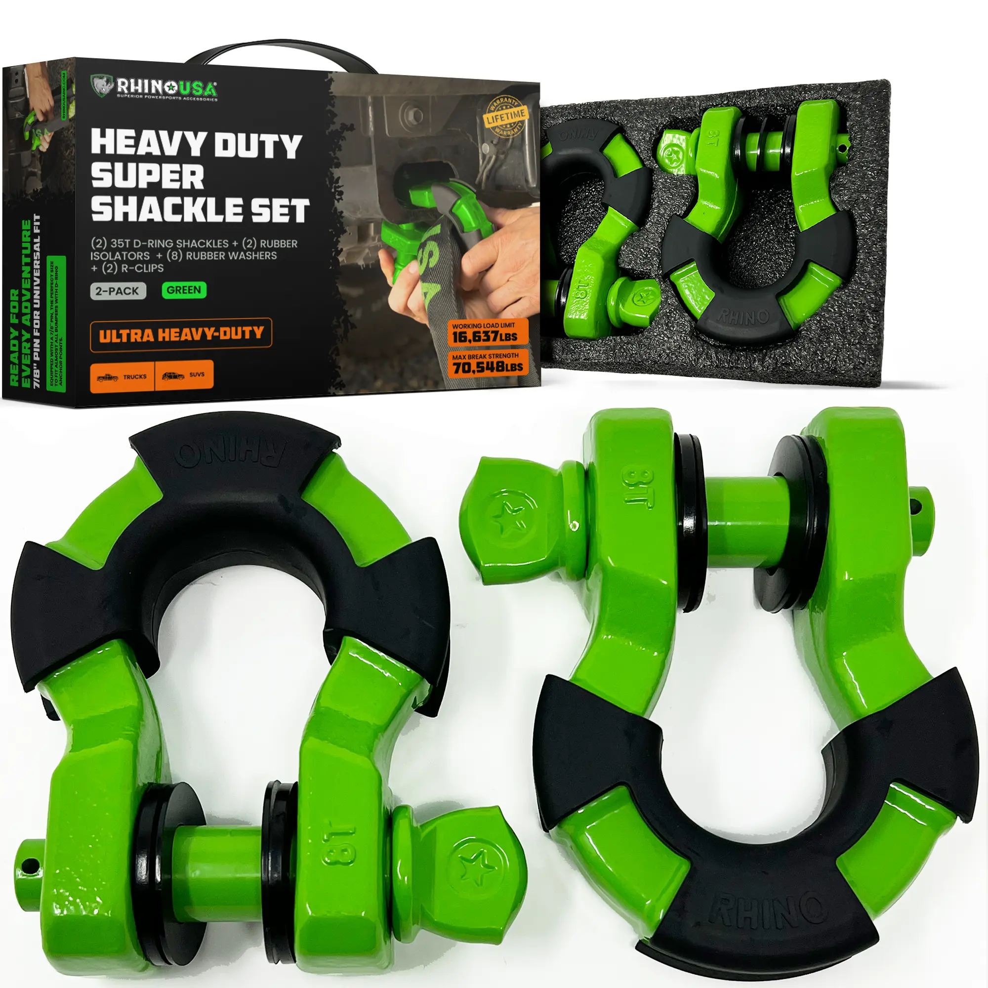 Rhino USA Super D Ring Shackles 2Pack (70,548lb Break Strength) Heavy Duty 3/4" Clevis Shackle with 7/8 Pin for Towing & Off-Road, Pair with Tow Strap