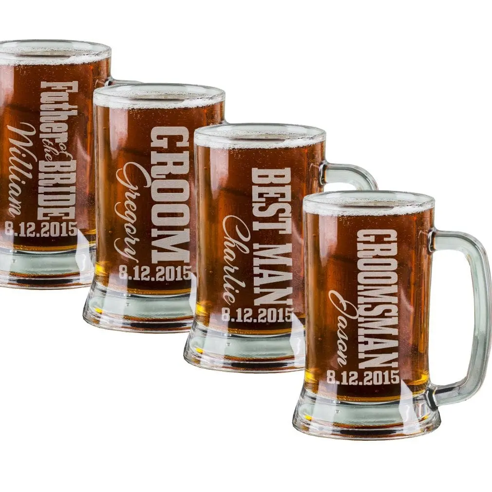 16 Oz Groomsmen Beer Mugs Engraved Wedding Party Groomsman BestMan Groom Father of the Bride Gift Glass Beer Stein Etched