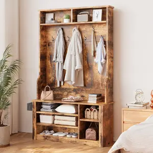 Gizoon Entryway Hall Tree with Bench and Storage 3-in-1 Hall Tree with Coat Rack Adjustable Shoe Bench 2-Tier top Storage for Hallway Entryway Bedroom