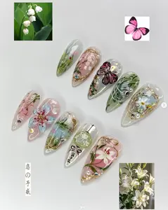 Hand-Painted Floral Press On Nails – Lily of the Valley, Orchids & Butterflies in Soft Pastel Colors, Elegant Nature-Inspired Nail Art Set