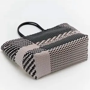 Summer Beach Bag - Black and Purple Woven Design for Stylish Beach Adventures - Ideal for Summer Outings & Essential Carry