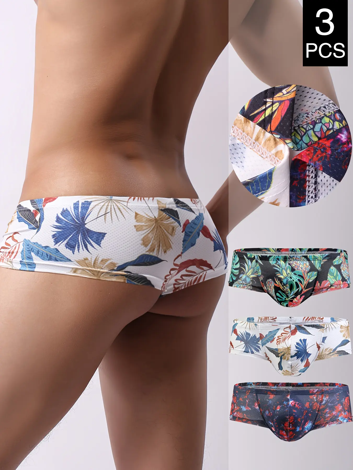 3pcs Men's Low-Rise Briefs, Breathable Polyamide Mesh Fabric, Tropical Print Design, Stretchy and Comfortable Fit, Suitable for Daily and Casual Wear, Stylish Men's Underwear