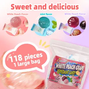 118 PCS Individually Wrapped Assorted Fruit Flavor Candy White Peach Grape Peppermint Hard Candy, , Sweet Refreshing Mint Candy for Party Favors, Office Snacks, Candy Bowl, Travel, Sharing, Holiday Gifts, Bulk Hard Candy