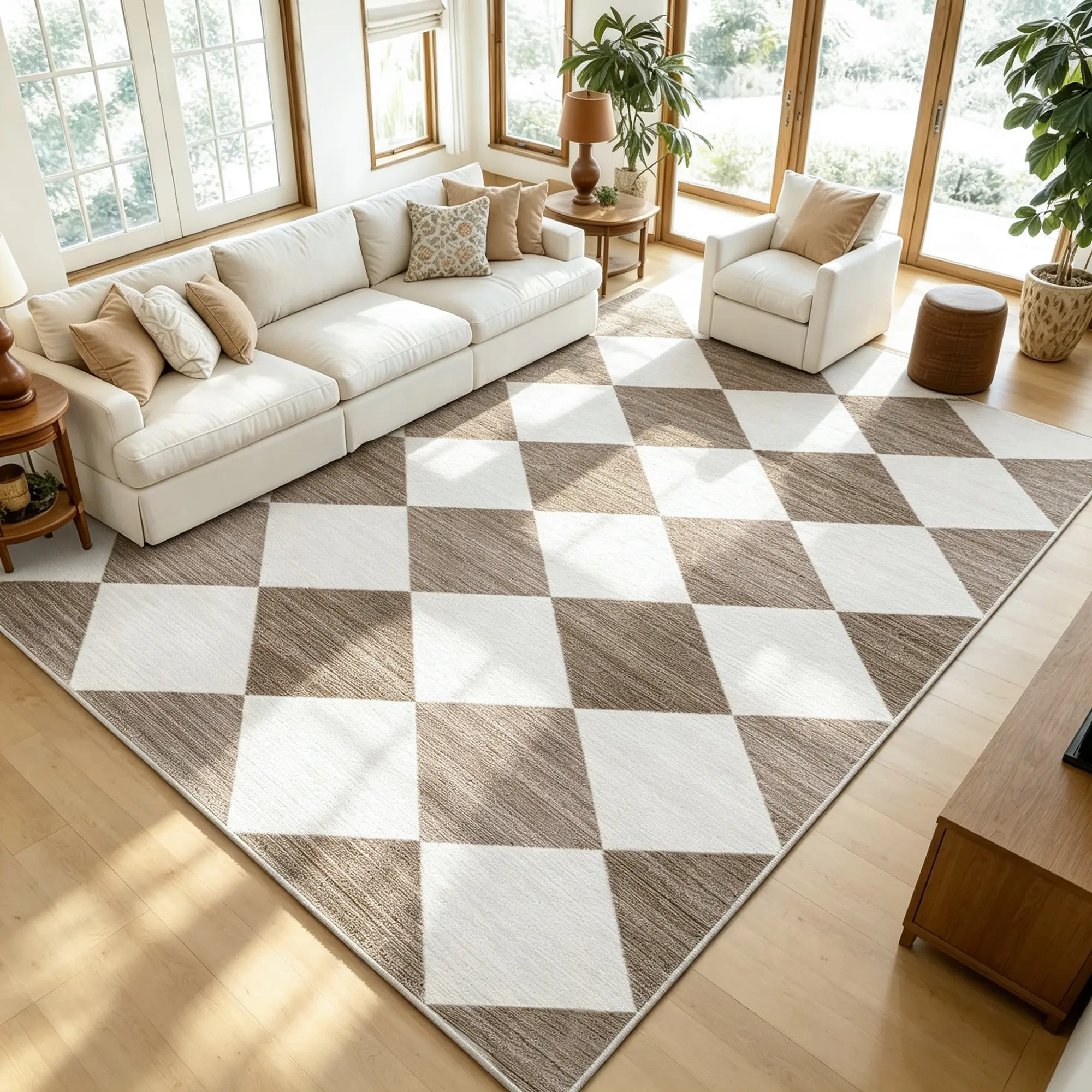 Colla Apricot-Coffee Checkered Print Decorative Rug - Ultra Soft, Non-Slip, Washable, Lightweight Polyester Fiber Thin Low-Pile Indoor Rug for Living Room, Bedroom Home Decor