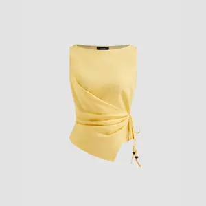 Cider Linen-blend Beaded Knotted Ruched Tank Top