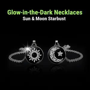 72H FLASH SALE Glow in the Dark Sun Moon Couple Necklace Set | Luminous Boho Pendant | Alloy & Glass Gemstone | Adjustable Chain 45+5cm | Romantic Gift for Him/Her Jewelry Accessory