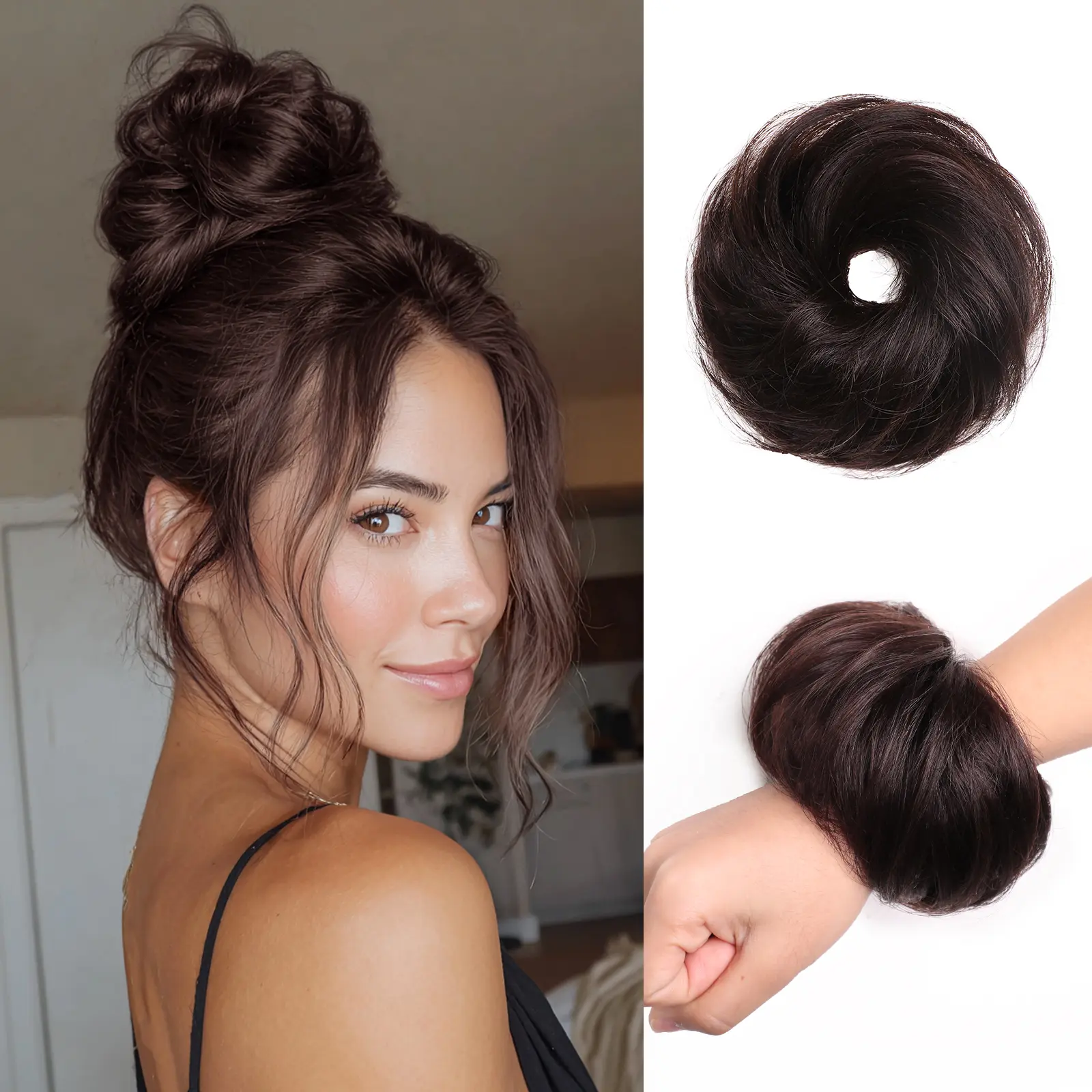 Women's 100% Human Hair Messy Bun Scrunchie - Elastic Band, Stretchy Fluffy Donut Updo, Smooth Chignon Wig Extensions, Natural Dark Brown