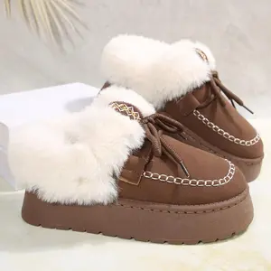 Women Cozy Platform Slippers Winter Soft Sole Solid Color Warm Ankle Boot Indoor Outdoor Shoes Lace-up Plush Loafers Winter Warm Mini Snow Boots(gift)