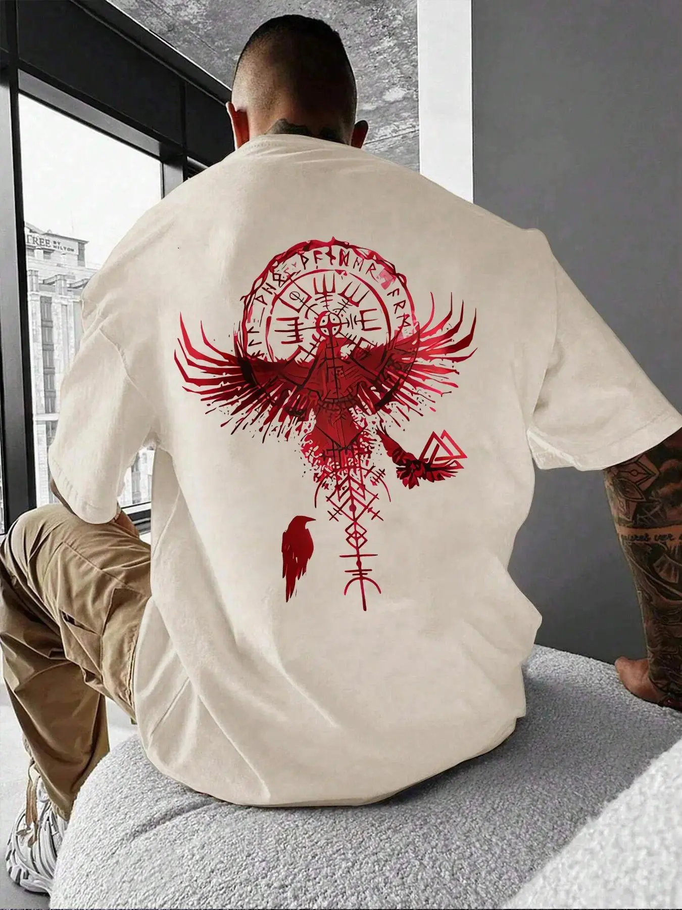 Men's Drop Shoulder Graphic Cotton T-Shirt - Unisex Shortsleeve Crew Neck, Loose Casual Soft Breathable Lightweight Fabric, Alternative Summer Top for Daily Wear, Outdoor Activities, Menswear