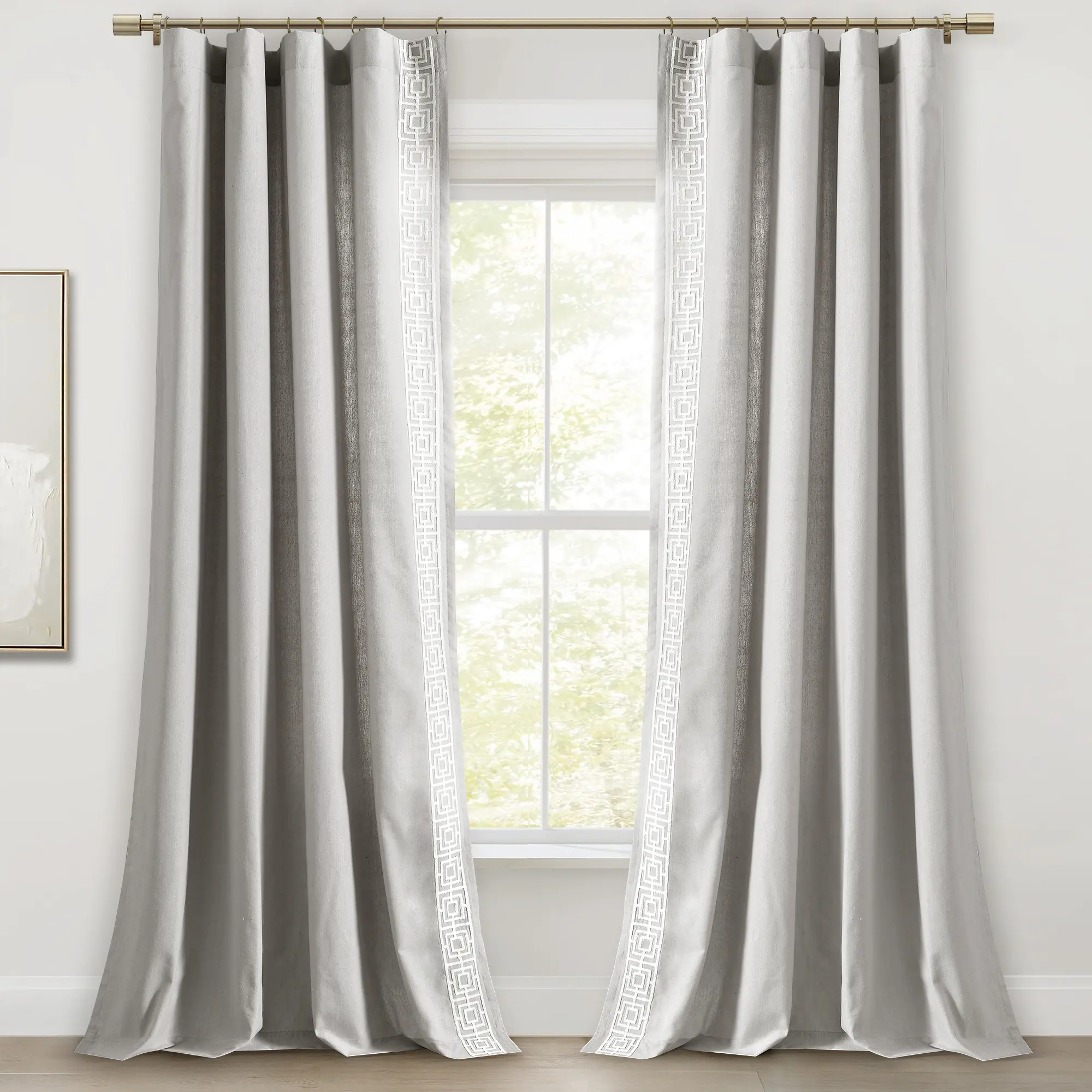 Lush Decor Luxury Modern Square Embroidery Border Window Curtain - 1 Piece, 52W x 84L Faux Linen-Cotton Low-Dry Ready Geometric Design, Window Decorations Supplies, Sun Shade
