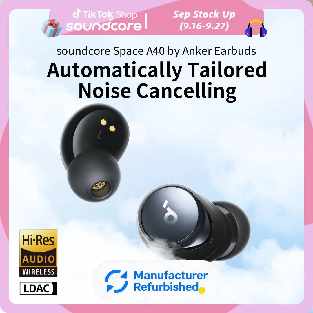 [Refurbished]Soundcore by Anker Space A40 Adaptive Active Noise Cancelling Wireless Earbuds, Reduce Noise by Up to 98%, Ultra Long 50H Playtime, 10H Single Playtime, Hi-Res Sound, Comfortable Fit, Wireless Charge #tiktokshopsummersale, True Wireless Earbu