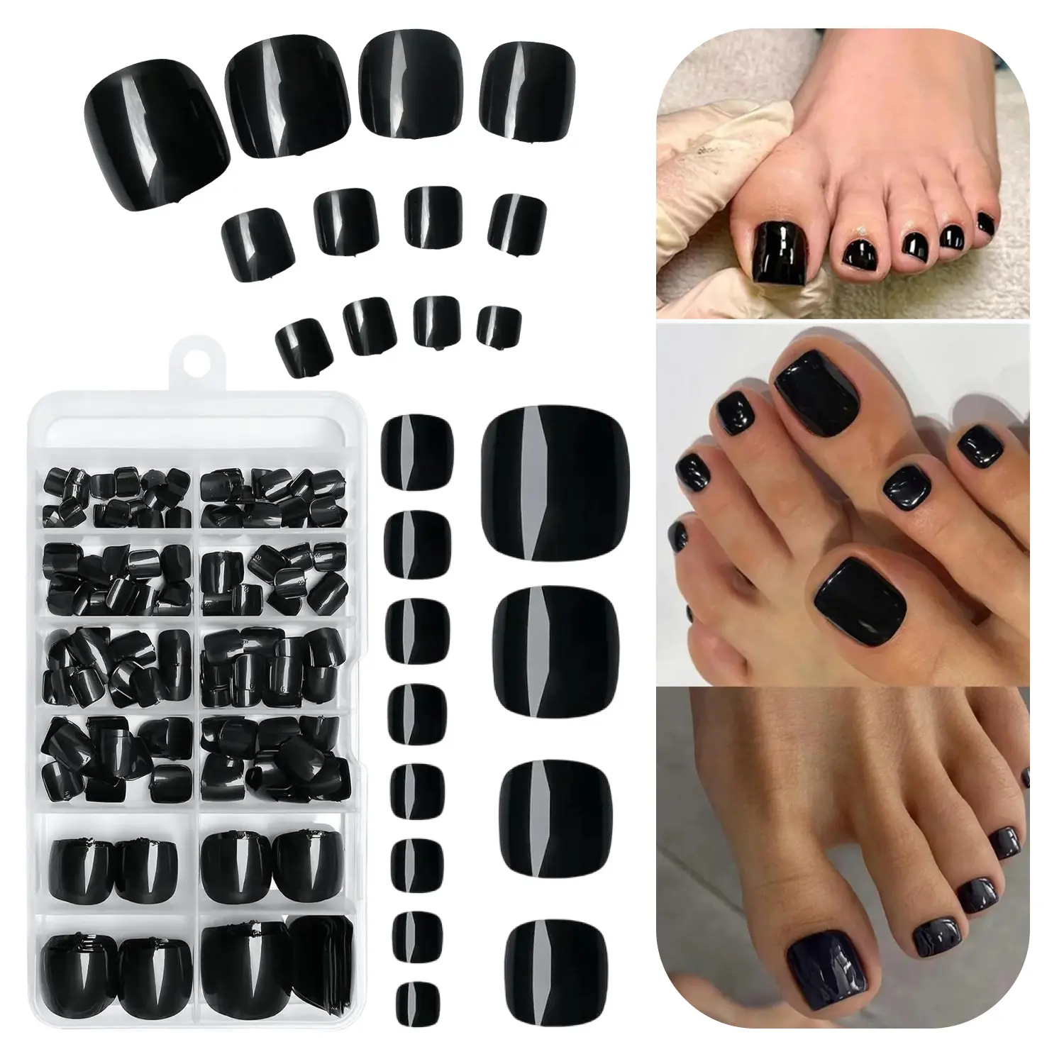 240Pcs Black Short Square Press on Toenails for Women, Acrylic Full Cover Fake Toe Nail Tips with Glue & Adhesive Tabs, Reusable Artificial Stick on Toenails for DIY Pedicure