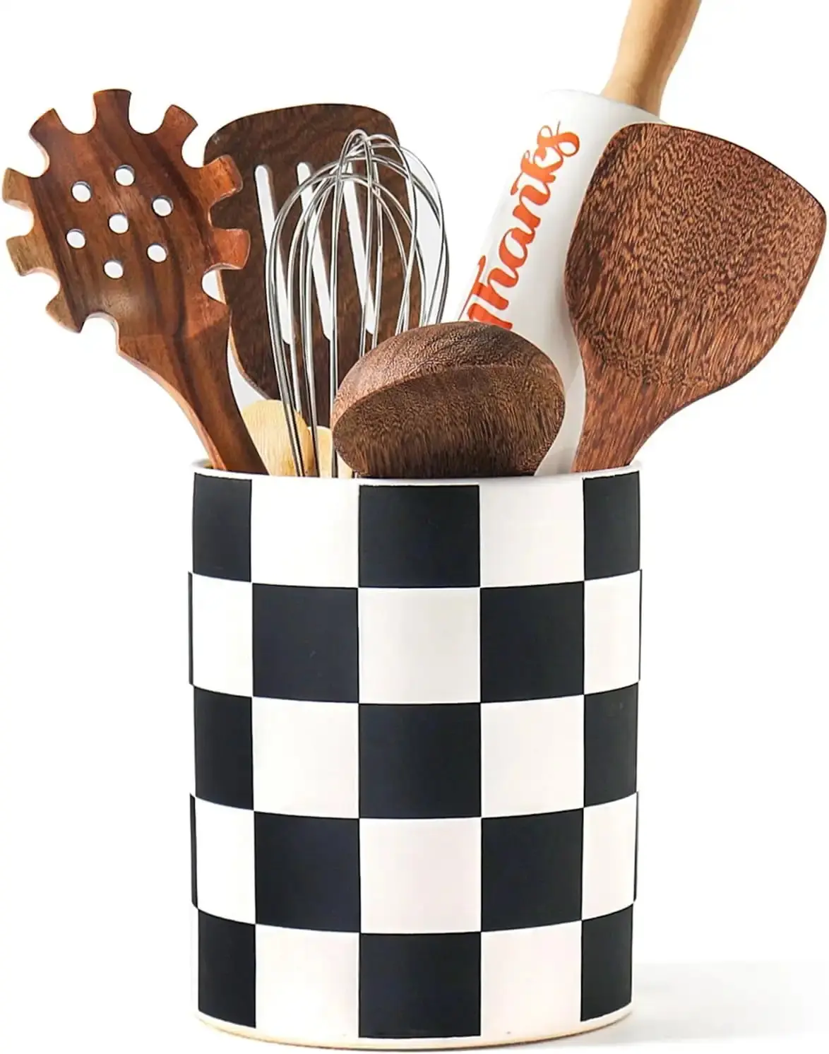 Checkerboard Ceramic Kitchen Utensil Holder - 7.2" Countertop Utensil Crock, Home Organizer Storage Accessory for Kitchen Decor (Black)