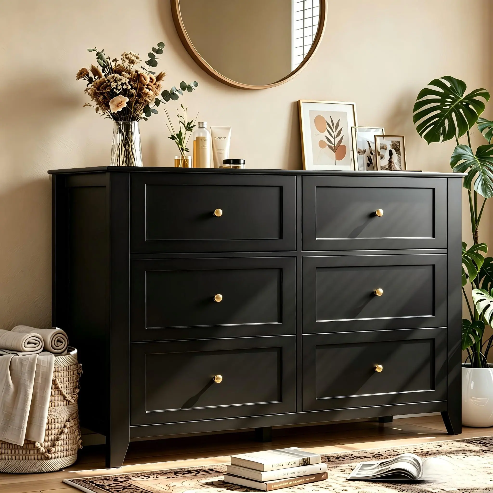 Black 6-Drawer Dresser 54 Inch Wide Entryway Storage Organizer, Modern Lacquered Chest 15.8D x 54W x 31.5H Inch in MDF