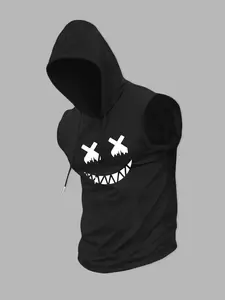 Men's Sleeveless Hooded Tank Top - X Eyes Smiley Streetwear Gym Shirt, Workout Bodybuilding Muscle Cut Off T-Shirt, Edgy Gothic Casual Athletic Hoodie for Summer Fitness & Hip Hop Style