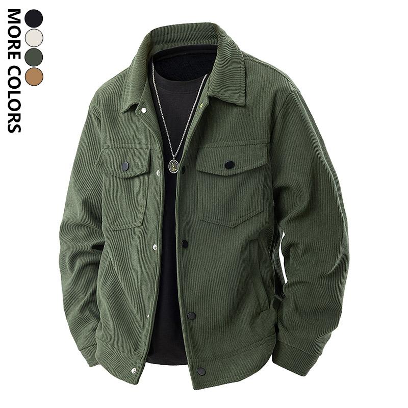 Men's corduroy work jacket, men's solid color long-sleeve jacket, multi-pocket flap design, casual long-sleeve button collar, suitable for autumn and winter outdoor wear, regular fit for everyday casual wear