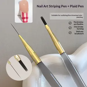 Nail plaid pen, slender pull pen, ultra-fine fiber hair, golden copper tube, details hooked edge, color painting, blending pen  equipment spring enthusiast french tip brush beginner tech kit