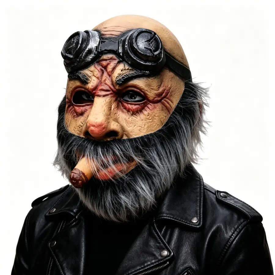 Vintage Biker Weathered Wrinkled Grandpa Full Head Latex Mask - Goggles, Beard, Cigar, Comfortable Lightweight Design, Party Face Masks for Halloween Cosplay Props Accessories, Mask Design