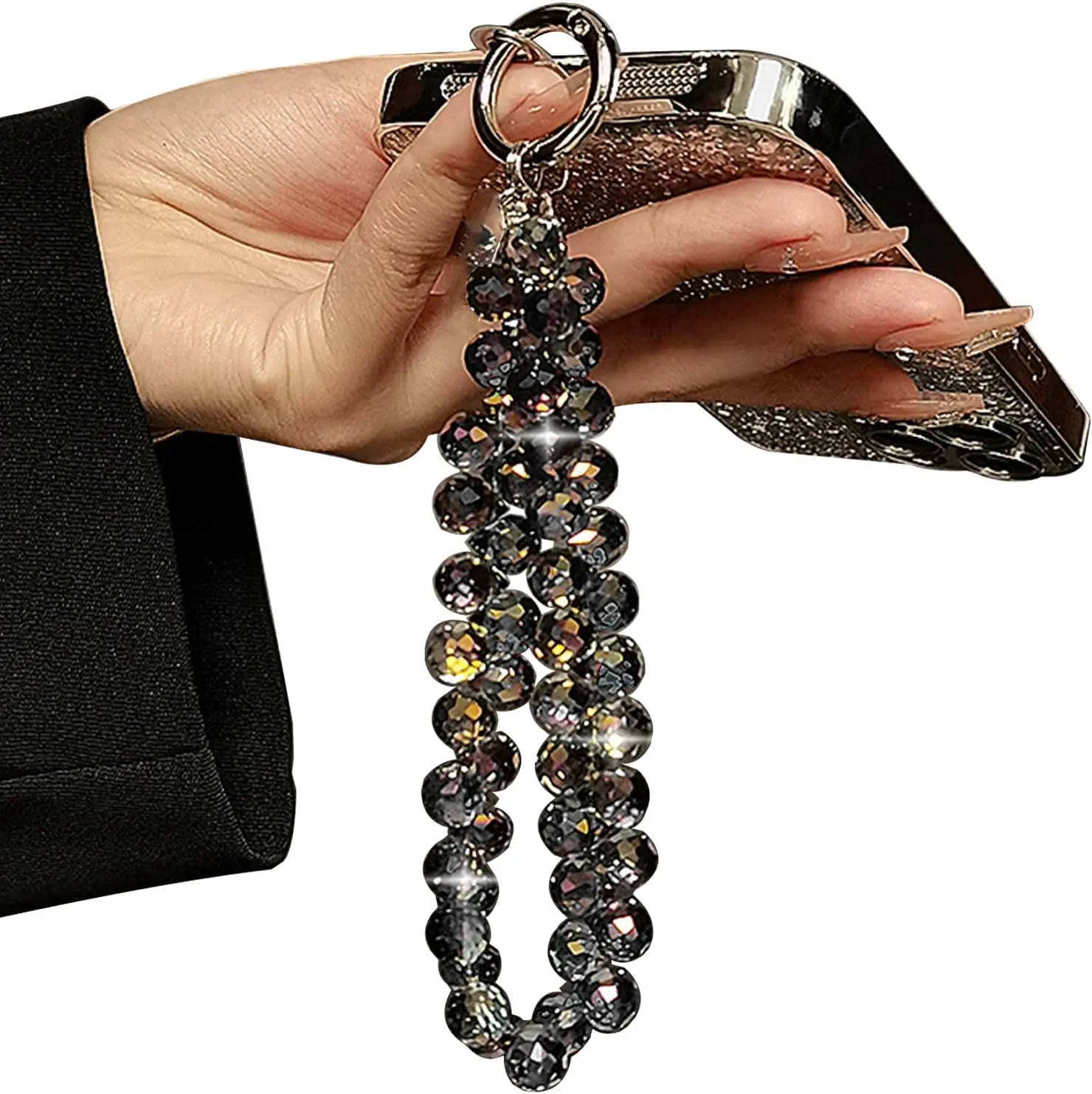 Beaded Phone Wrist Strap, Black | Cellphone Lanyard Chain, Sparkling Wristlet Bracelet, For Women