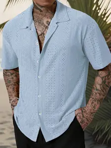 Men's plain high-end short-sleeved shirt with hollow texture, designed with a Cuban collar for a casual and fashionable look, Fitted, suitable for summer, summer casual top, daily men's clothing, men's clothing, Casual Street Style, Breathable casual wear