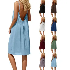 Women's Solid Color Cami Lounge Dress, Elegant Sleeveless Knee-Length Dress for Summer, Ladies Sleepwear for Indoor Wear Homewear