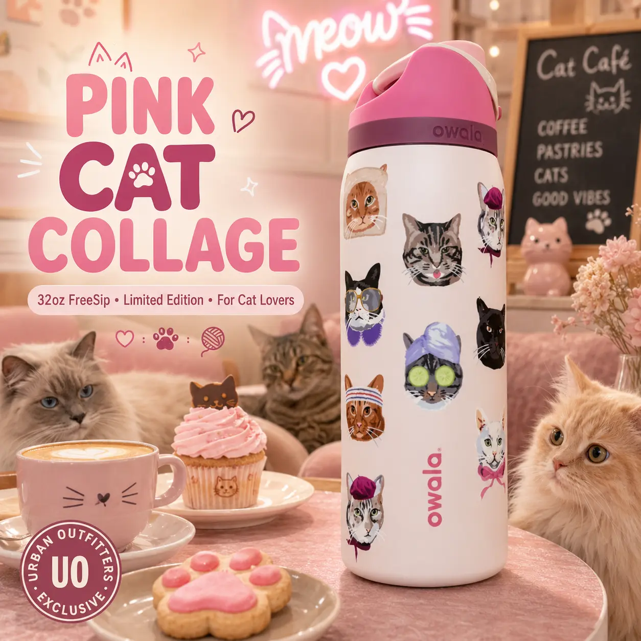 Owala FreeSip x Urban Outfitters Pink Cat Collage Limited Edition Insulated Water Bottle – Cute Cat Print with Built-In Straw