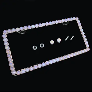 Dazzling Addiction 3D Bling License Plate Frame Big Chunky Baby Light Pink AB Pearls Made in USA Handmade 1 Row Holder Screw Caps Personalizable Customizable Customized Bedazzled Sparkly Shimmering Gift for Girls Women 2 Holes Crystals Diamond Iridescent