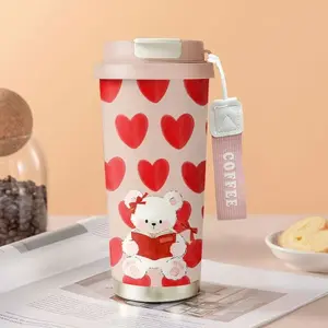 530ml (17.92 oz) Insulated Stainless Steel Tumbler Water Bottle, Red Heart Watercolor Design - Portable Hanging Coffee Mug for Hot-Cold Drinks, Unisex Home-Office Gift, Festive Party Supply, Water Bottles