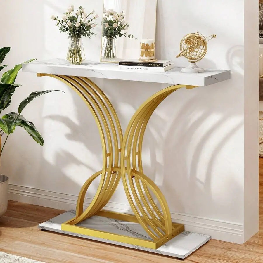 Modern Slim Accent Table, Versatile Console & Sofa Table With Faux Marble Top, Space-Saving Narrow Design For Entryway, Hallway, Or Living Room, White & Gold Mirrored Inlay Dining Mobile Standing Desk Wheels